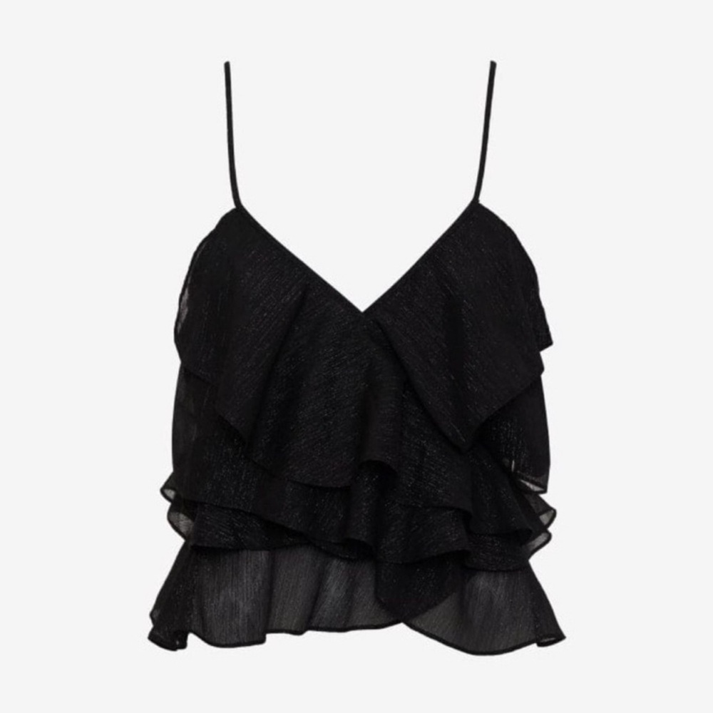 NWT Sheer Sparkly Black Ruffle Layered Open Back Tank top Whimsigoth y2k party